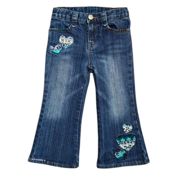 Gap Flare Jeans Y2K  Hearts 2T Girls Kids Embroidered Cross Stitch Blue Denim - Picture 1 of 14